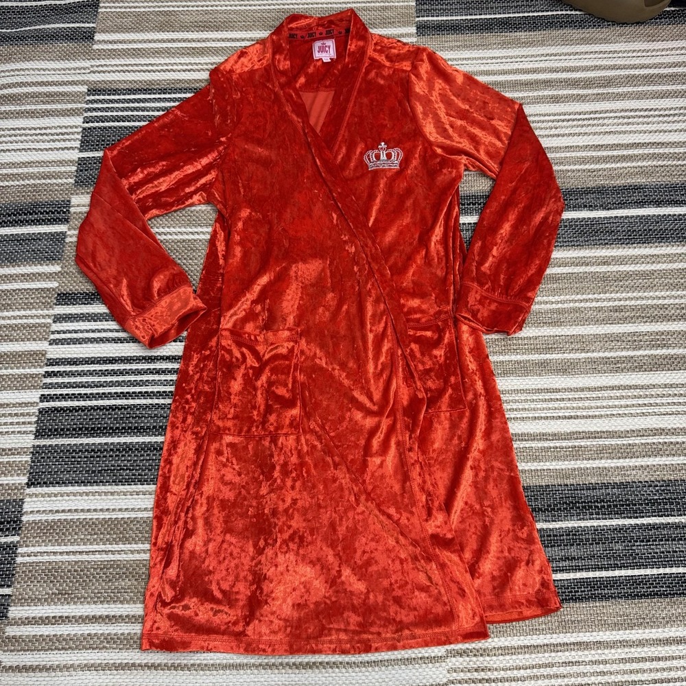 Juicy Couture Robe Womens Small Medium Red Crushed Velvet Crown Logo Belted Wrap